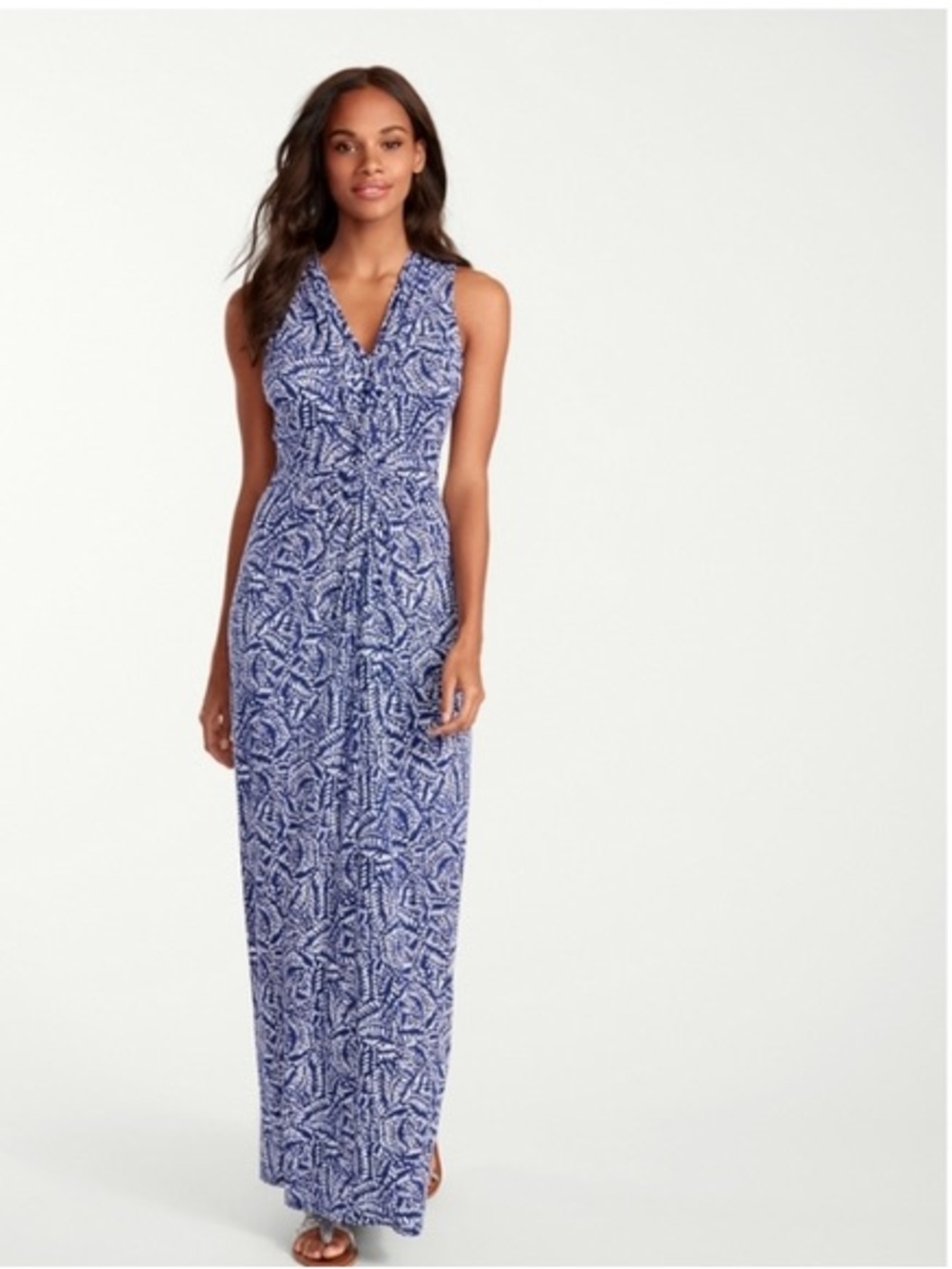 Tommy Bahama Navy and White Leaf-Print V-Neck Maxi Dress
